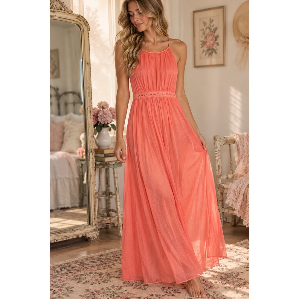 VTG Kayser Coral Maxi Slip Small Dress Lace Coquette Lingerie Nightgown Made USA